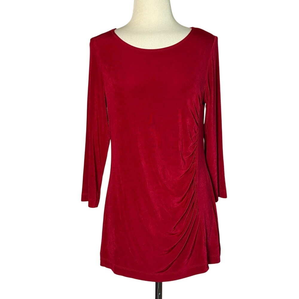 CHICO'S Travelers Medium Red 3/4 Sleeve Gathered Tunic Top Flattering Holiday‎